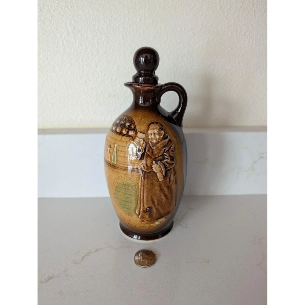 Vintage Monk Ceramic Decanter Brown Ombre Glaze Relief 3D Design with Stopper